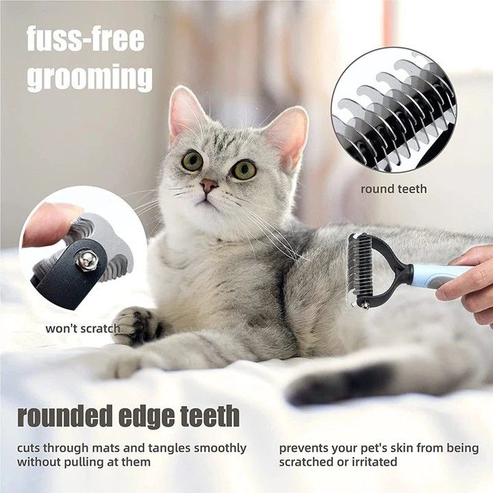 Cat Hair Mat Removal Tool: Complete Guide for Pet Owners
If you’ve ever run your fingers through your cat’s fur only to find a stubborn, tangled clump, you already know how frustrating and uncomfortable mats can be. A cat hair mat removal tool isn’t just a grooming accessory—it’s a key part of keeping your feline friend healthy, happy, and pain-free. But with so many tools available, how do you choose the right one? And how do you use it without causing your cat stress or discomfort?

In this guide, we’ll dive deep into what makes a great cat hair mat removal tool, how to use it safely, and what grooming habits will help prevent mats from forming in the first place.

Understanding Cat Hair Mats
Before we talk about the tools, it’s important to understand why mats happen at all. Mats are clumps of fur that become tangled and knotted, often pulling on the cat’s skin. They’re common in long-haired breeds like Persians, Maine Coons, and Ragdolls, but even short-haired cats can get them.

Causes of hair mats:

Shedding & Loose Fur – When old hair isn’t removed, it tangles with new growth.

Friction – Areas like under the collar, behind the ears, or along the belly experience constant rubbing, causing knots.

Moisture – Damp fur tangles more easily, especially if not dried properly.

Lack of Grooming – Some cats groom less as they age, or due to illness.

If left untreated, mats can:

Restrict movement

Cause skin irritation or sores

Trap dirt and parasites

Lead to infections

Why a Cat Hair Mat Removal Tool is Essential
While you can try using regular combs or scissors, a proper cat hair mat removal tool is designed to remove tangles without harming your cat’s delicate skin. The right tool can:

Reduce grooming time – Less stress for you and your cat.

Prevent accidental cuts – Safer than scissors near sensitive areas.

Protect the skin – Rounded or protected blades prevent injury.

Work on different coat types – From silky long hair to dense short coats.

Types of Cat Hair Mat Removal Tools
Not all tools are created equal. Here’s a breakdown of the most common types, their pros, and cons.

1. Dematting Combs
These have sharp, curved blades to slice through mats gently.

Pros: Effective for thick mats, safe edges, ergonomic handles.

Cons: Needs careful handling to avoid pulling fur.

2. Mat Splitters
Small tools that cut mats into smaller, more manageable sections.

Pros: Good for localized mats, precise cutting.

Cons: Not ideal for large grooming sessions.

3. Grooming Rakes
Designed for undercoat removal, these can also prevent mats from forming.

Pros: Great for thick coats, helps with shedding.

Cons: Less effective for already tight mats.

4. Electric Grooming Tools
Battery-operated trimmers for stubborn mats.

Pros: Quick, painless removal.

Cons: Can be noisy and scare some cats.

Choosing the Right Cat Hair Mat Removal Tool
When selecting a tool, consider these factors:

Coat Type – Long-haired cats need tools with longer teeth or blades; short-haired cats may benefit from finer combs.

Safety Features – Rounded blade tips or protective guards are essential.

Comfort – Look for an ergonomic handle to reduce hand fatigue.

Ease of Cleaning – A tool that’s easy to wash prevents bacterial build-up.

Step-by-Step: How to Use a Cat Hair Mat Removal Tool
Grooming can be stressful for cats if not done correctly. Here’s a gentle, effective approach:

Prepare the Area – Choose a quiet, comfortable spot.

Inspect the Mats – Identify all areas with tangles before starting.

Hold the Mat Gently – Use your fingers to hold the base of the mat so it doesn’t pull on the skin.

Work in Small Sections – Start from the edges of the mat and work inward.

Use Short Strokes – Avoid yanking; slow, careful movements prevent pain.

Reward Your Cat – Give treats and praise to create a positive association.

Common Mistakes to Avoid
Cutting Mats with Scissors – High risk of injuring the skin.

Pulling Too Hard – Causes pain and breaks trust.

Skipping Regular Grooming – Leads to more mats over time.

Using the Wrong Tool – Some combs are too harsh for delicate coats.

Preventing Cat Hair Mats
Prevention is always easier than removal. Here’s how to keep mats from forming:

Regular Brushing – Even short-haired cats benefit from weekly grooming.

Bathing and Drying – Always dry your cat thoroughly after a bath.

Healthy Diet – Good nutrition supports coat health.

Routine Vet Checks – Some mats may indicate health issues like arthritis.

Personal Experience: The Day I Discovered the Right Tool
When I first adopted my Maine Coon, I thought a regular brush would be enough. Within weeks, mats started forming around her hind legs and belly. I tried to cut them out, but the fear of hurting her made me stop.

After researching, I invested in a high-quality cat hair mat removal tool with rounded blades. The first session was a game-changer—she didn’t flinch, and I could see her relief as the mats disappeared. Over time, grooming became a bonding activity instead of a struggle.

Expert Insights on Mat Removal Tools
Veterinarians and professional groomers recommend starting with the least invasive method. Dr. Sarah Wooten, a veterinarian with over 15 years of experience, advises:

“The best grooming sessions are short and positive. Don’t try to remove all mats in one go—spread it out over a few days if needed.”

Professional groomer tips include:

Keep tools sharp but safe.

Use detangling sprays to loosen mats.

Never groom when your cat is stressed.

Comparison Table: Popular Cat Hair Mat Removal Tools
Tool Type	Best For	Safety Features	Ease of Use	Price Range
Dematting Comb	Thick, large mats	Rounded blades	High	$$
Mat Splitter	Small, tight mats	Protective cover	Medium	$
Grooming Rake	Preventing mats	Blunt tips	High	$$
Electric Trimmer	Severe matting	Adjustable guards	Medium	$$$

When to See a Professional
Sometimes mats are too tight or close to the skin to remove at home. Seek professional grooming if:

The mat is pulling the skin uncomfortably.

Your cat becomes aggressive during grooming.

The mat covers a large area or is near sensitive spots.

Key Takeaways
A cat hair mat removal tool is essential for maintaining coat health.

Choose the right tool based on your cat’s coat type and comfort.

Groom regularly to prevent mats from forming.

Approach grooming gently and patiently to keep it stress-free.

Conclusion
Mats aren’t just unsightly—they can cause real discomfort and health problems for your cat. Investing in the right cat hair mat removal tool and learning how to use it properly is one of the simplest ways to ensure your pet’s comfort and well-being. With the right approach, grooming can become a relaxing, bonding experience for you both.